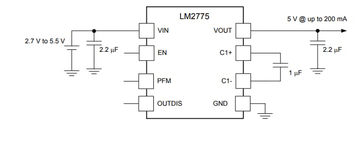 アプリケーション回路図 - Texas Instruments LM2775スイッチドキャパシタ5Vブーストコンバータ